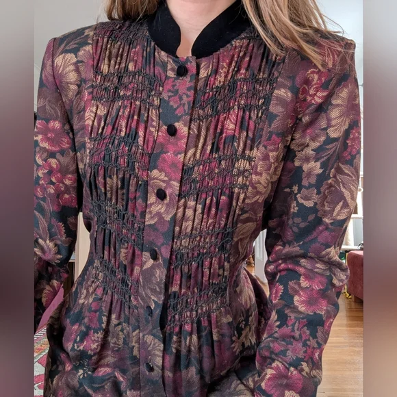 Vintage 80s Victorian Gothic Floral Prairie Dress With Velvet Collar 8 Burgundy - Picture 3 of 8